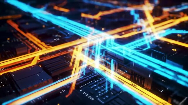 A detailed digital rendering showcasing intricate circuits and glowing pathways. Blue and orange lines intertwine across a dark, metallic surface. Soft focus creates depth