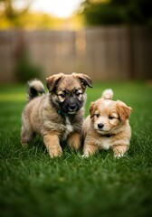 Two adorable fluffy puppies playing together on lush green grass in a sunny backyard.