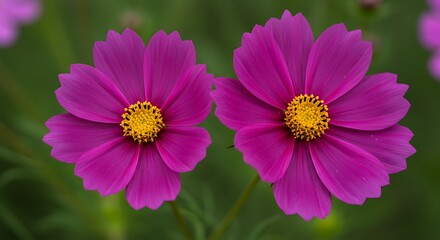 Two Vibrant Pink Cosmos Flowers Blooming in a Garden.