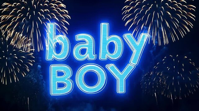 Festive Baby Boy announcement with fireworks on a dark blue background.