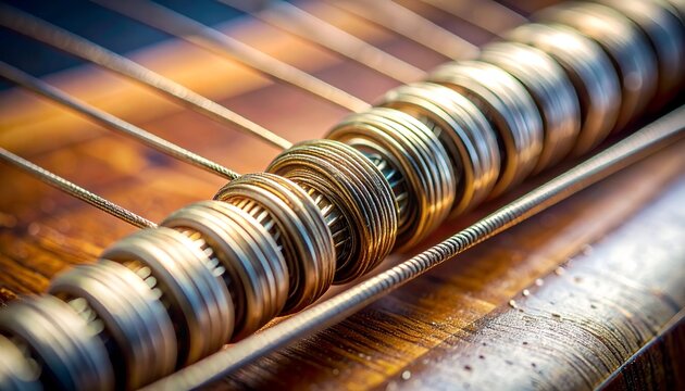 Close Up of Piano Strings and Tuning Pegs in Warm Lighting