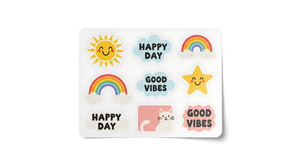 A cheerful collection of cute cartoon stickers with positive affirmations like Happy Day and Good Vibes, featuring a sun, rainbow, and cat