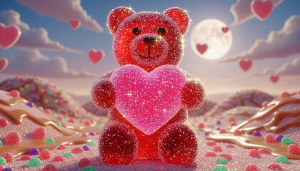 A sparkling red gummy bear holding a glittery pink heart sits in a dreamy candy landscape under a glowing full moon, surrounded by sugar-coated hills and floating hearts - Generative AI