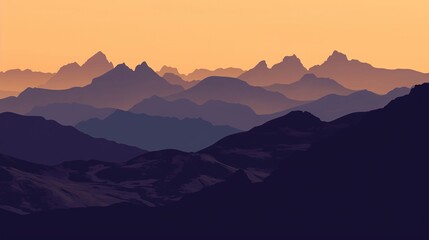 Fototapeta premium The scenery at sunset features an orange sky highlighting the contours of the mountains, which are gracefully serene, evoking a sense of tranquility and awe for the beauty of nature.