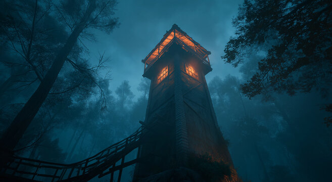 Illuminated wooden tower in dark foggy forest at night