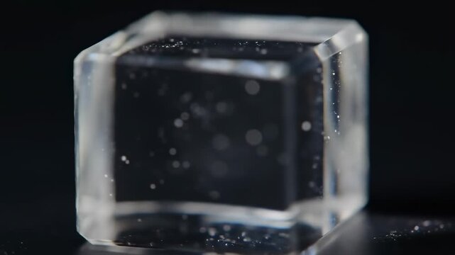 A translucent, cube-shaped object with a dark core rests on a reflective surface. Tiny particles float around it, creating highlights