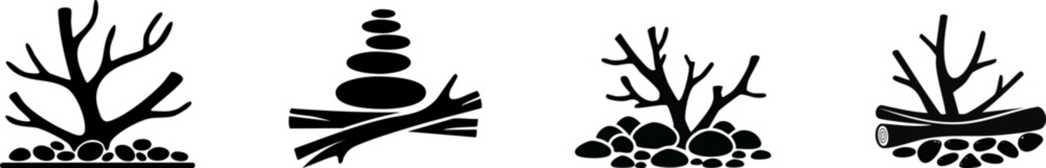 Obraz premium A collection of simple black and white illustrations depicting trees, stones, and logs, showcasing natural elements in a minimalist style.