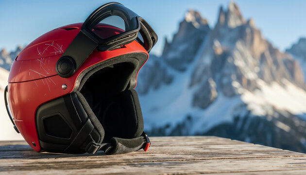 Ski helmet on table in snowy mountains symbolizing winter adventure