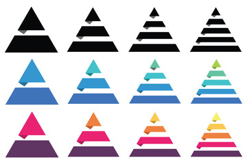 Levels of triangular pyramid. Color triangle pyramid chart. Maslow layer diagram. Development level infographic. Business graph. Vector illustration isolated on white background