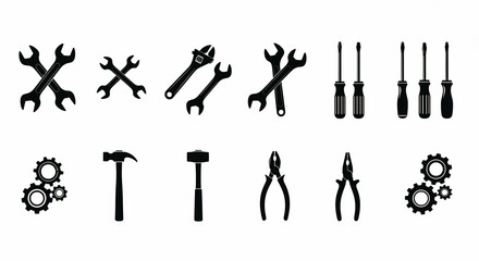 Set of black construction tools simple flat vector design element for repair maintenance and industry isolated on white background