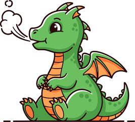 Fototapeta premium Cute Green Cartoon Dragon Sitting and Exhaling Smoke Isolated
