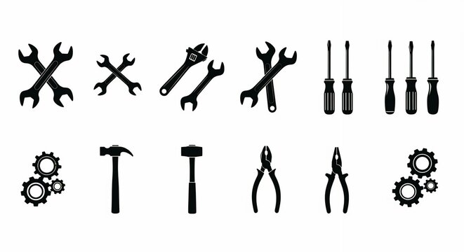 Set of black construction tools simple flat vector design element for repair maintenance and industry isolated on white background