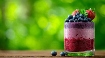 Berry smoothie layered in a glass with fresh fruit topping