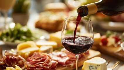 Red wine being poured into a glass with charcuterie and cheese