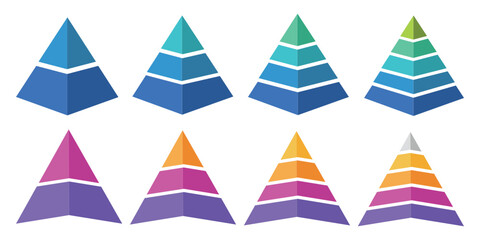 Pyramid infographic set. Colorful vector triangle diagram, triangular pyramid infographics, designed for business presentations, charts, educational materials. pyramid diagrams with ascending levels