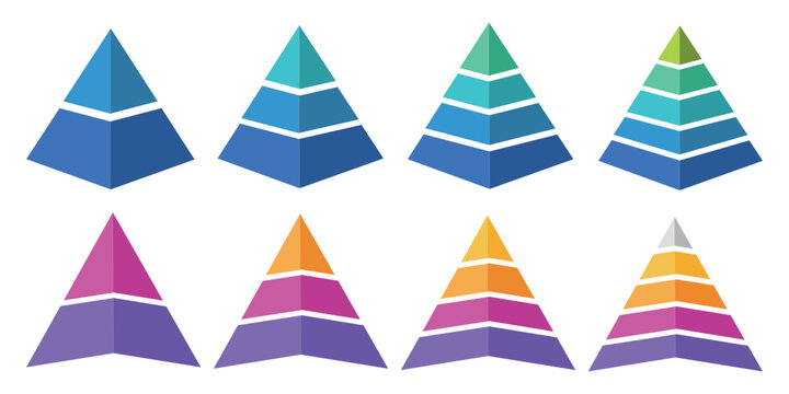 Pyramid infographic set. Colorful vector triangle diagram, triangular pyramid infographics, designed for business presentations, charts, educational materials. pyramid diagrams with ascending levels