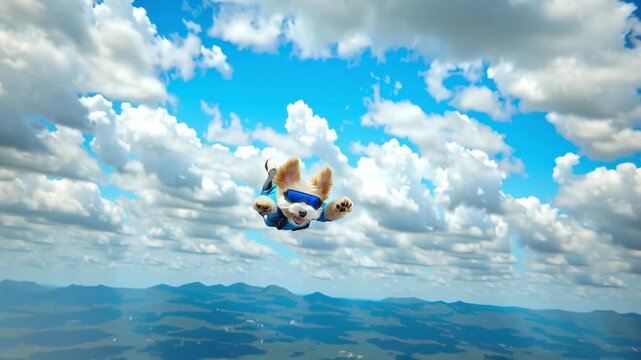 Skydiving dog cartoon with blue goggles and fluffy fur blue sky, white cloud backdrop, cheerful pet action sport adventure freedom fun canine midair