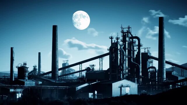 A moonlit industrial landscape featuring towering smokestacks, complex pipelines, and buildings. A serene sky with clouds compliments the scene