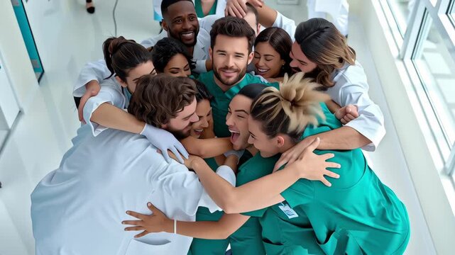 Cheerful medical team celebration with diverse healthcare staff and smiling doctor group support hospital corridor teamwork success gratitude joy