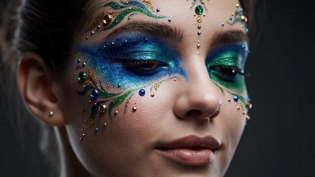 Close-up of a woman with elaborate face paint and rhinestones, showcasing artistic makeup.