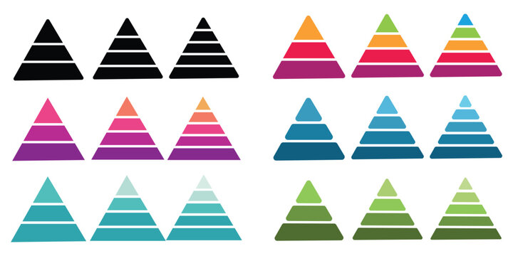 Levels of triangular pyramid. Half triangle pyramid chart. Maslow layer diagram. Development level infographic. Business graph. Vector illustration isolated on white background