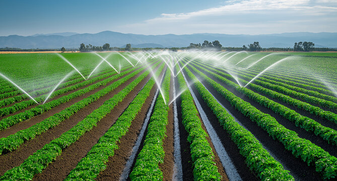 Rows of green crops being irrigated by sprinklers in a field