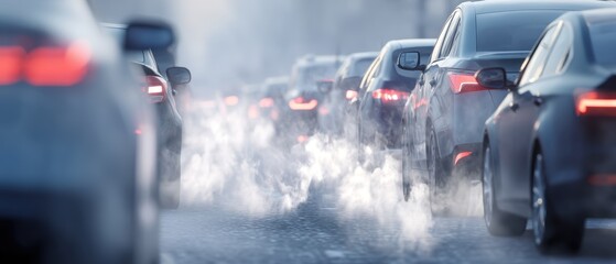 Traffic Jam with Emission Exhaust Fog in Urban Environment During Early Morning Hours