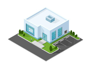 Modern clinic building isometric, small hospital exterior, parking lot and shrubs, urgent care center, healthcare architecture illustration
