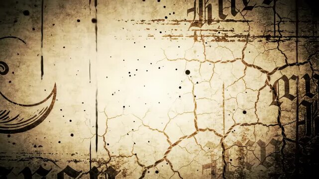 A distressed, sepia-toned backdrop featuring cracked textures, a stylized crescent, and scattered ink drops. Gothic-style typography hints at the edges