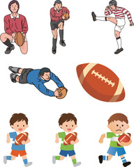 Diverse rugby players in action and rugby ball illustration