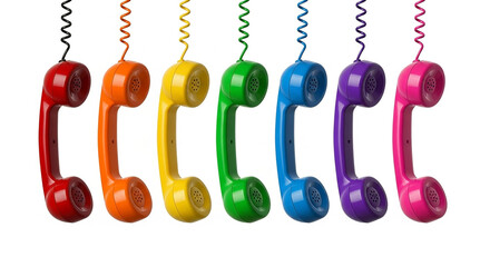 A vibrant rainbow of seven vintage telephone handset receivers hanging in a row, each a different color, isolated on a white background