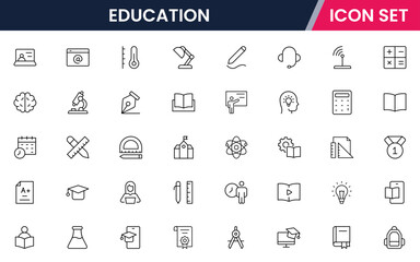 Education vector web line icon collection, sleek illustrations of books, diplomas, e-learning, knowledge for inspiring, academic designs.