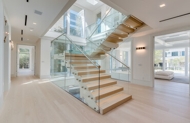 Obraz premium Modern wooden staircase with glass railings and natural light 1