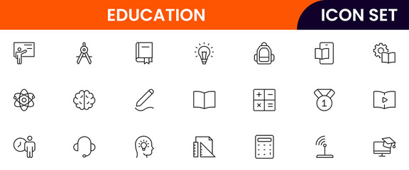 Education vector web line icon collection, sleek illustrations of books, diplomas, e-learning, knowledge for inspiring, academic designs.