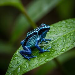 Obraz premium A blue frog with black markings on a leaf with water droplets.