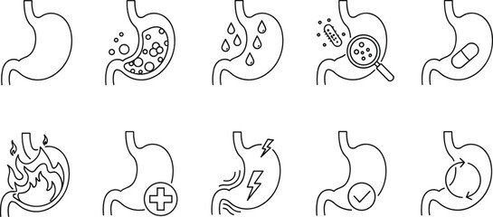 Stomach health icons, digestive conditions, acid reflux, pain symptoms, medical treatment, bacteria, vector illustration, healthcare symbols, black and white