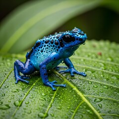 Obraz premium Blue frog on a leaf with drops of water