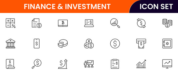 Finance and investment vector web line icon collection, sleek illustrations of budgets, charts, calculators, investments for strategic, financial designs.