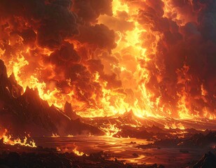 Fototapeta premium Epic landscape engulfed in flames, mountains, and lava
