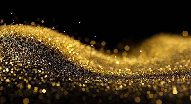 Golden glitter particles flowing on black background with bokeh