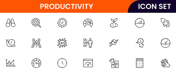 Productivity vector web line icon collection, sleek illustrations of tasks, clocks, calendars, efficiency tools for streamlined, effective designs.