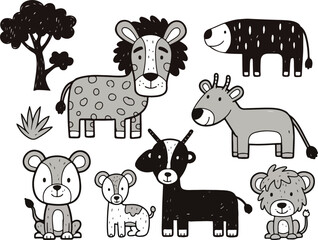Obraz premium Animal kids doodle set in naive wild nature crayon style