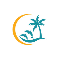 beach sunset and palm tree logo design icon symbol vector illustration.