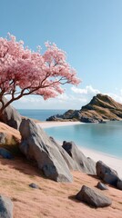 Vibrant Spring Landscape with Blooming Cherry Tree Overlooking a Serene Ocean Bay and Rocky Shoreline Under a Clear Blue Sky
