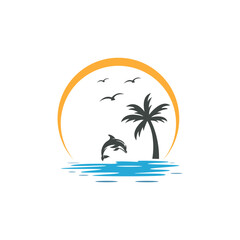 beach sunset and palm tree logo design icon symbol vector illustration.