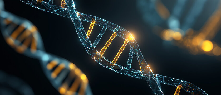 Glowing blue and orange D N A double helix strands