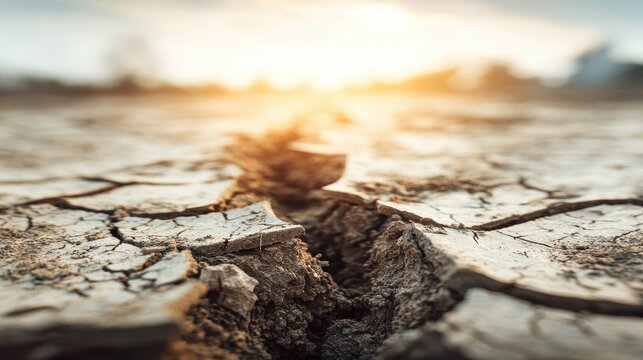 Cracked Dry Ground Under Bright Sunset Sky in a Drought-Affected Landscape
