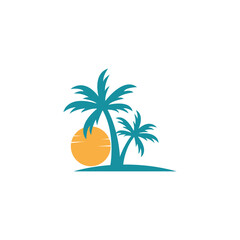 beach sunset and palm tree logo design icon symbol vector illustration.
