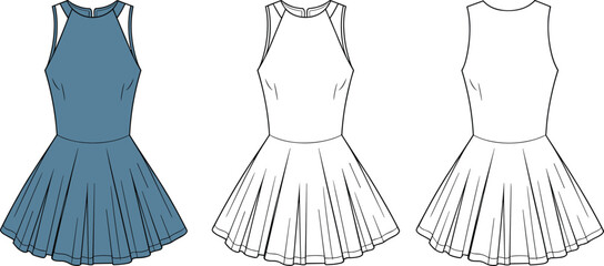Sleeveless flared mini dress fashion flat sketch, women's skater dress CAD drawing, technical vector illustration clothing design template