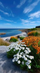 Vibrant Spring Wildflowers Bloom Along a Rocky Shoreline Under a Clear Blue Sky with Wispy Clouds Overlooking a Calm Ocean